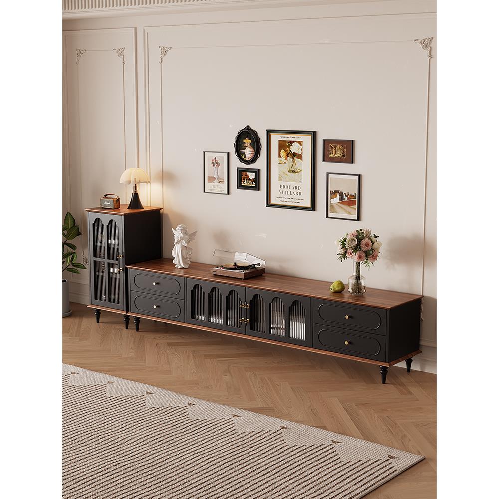 中古风电视柜茶几组合小户型客厅家用法式新款黑色实木复古储物柜