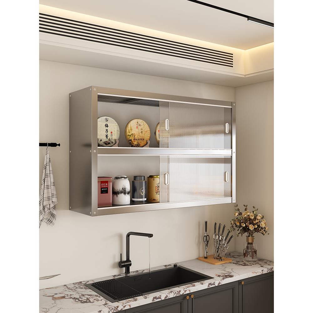 厨房置物架不锈钢壁挂式挂墙上柜上悬空吊墙壁储物推拉门柜子