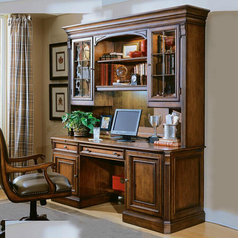 美式实木书桌书柜一体组合欧式书房简约书柜储物卧室书桌书架奢华