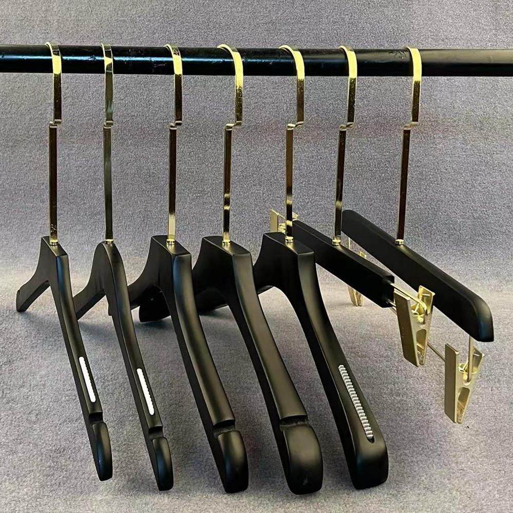 定制LOGO黑色实木衣架衣挂女服装店防滑无痕植绒木质衣撑裤夹包邮