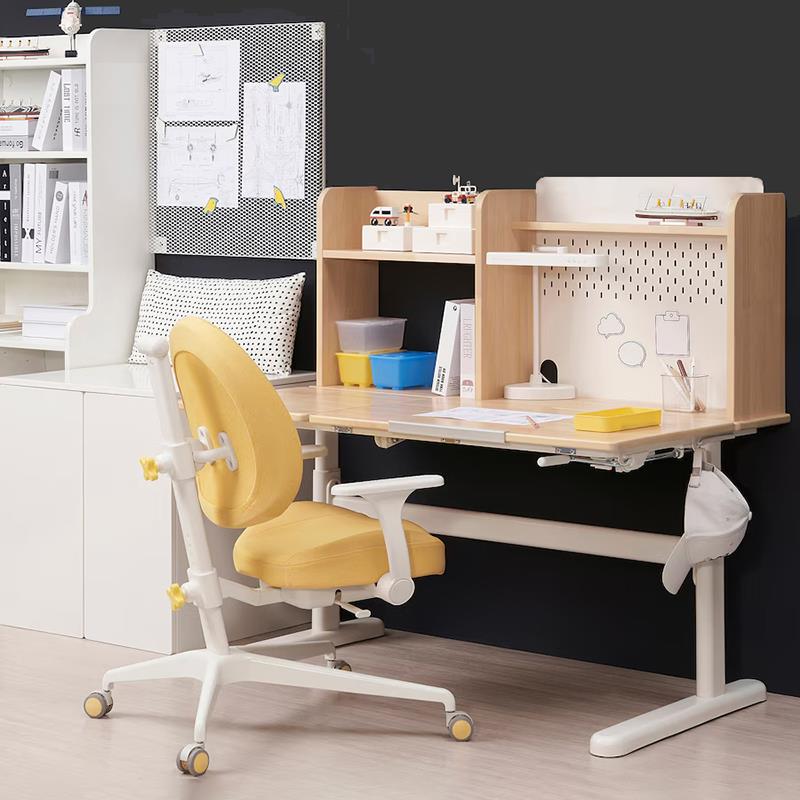 儿童书桌小学生家用写字桌实木一体洞洞板书柜架学习桌可升降桌椅
