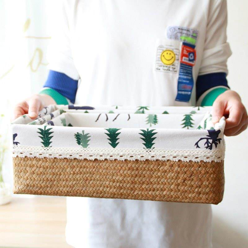 藤编海草竹编织带盖收纳篮子长方形零食布艺框电视柜收纳盒收纳筐