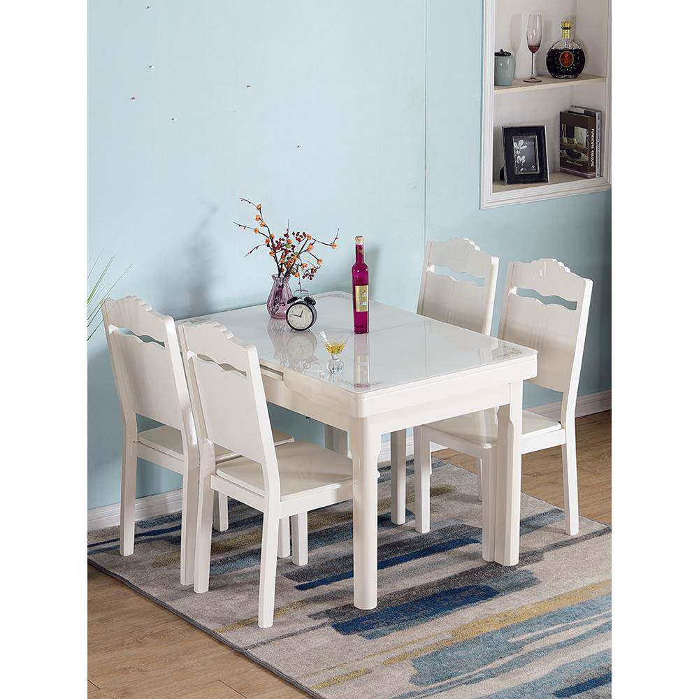 伸缩餐桌小户型家用现代简约白色烤漆抽拉式桌椅组合钢化玻璃饭桌