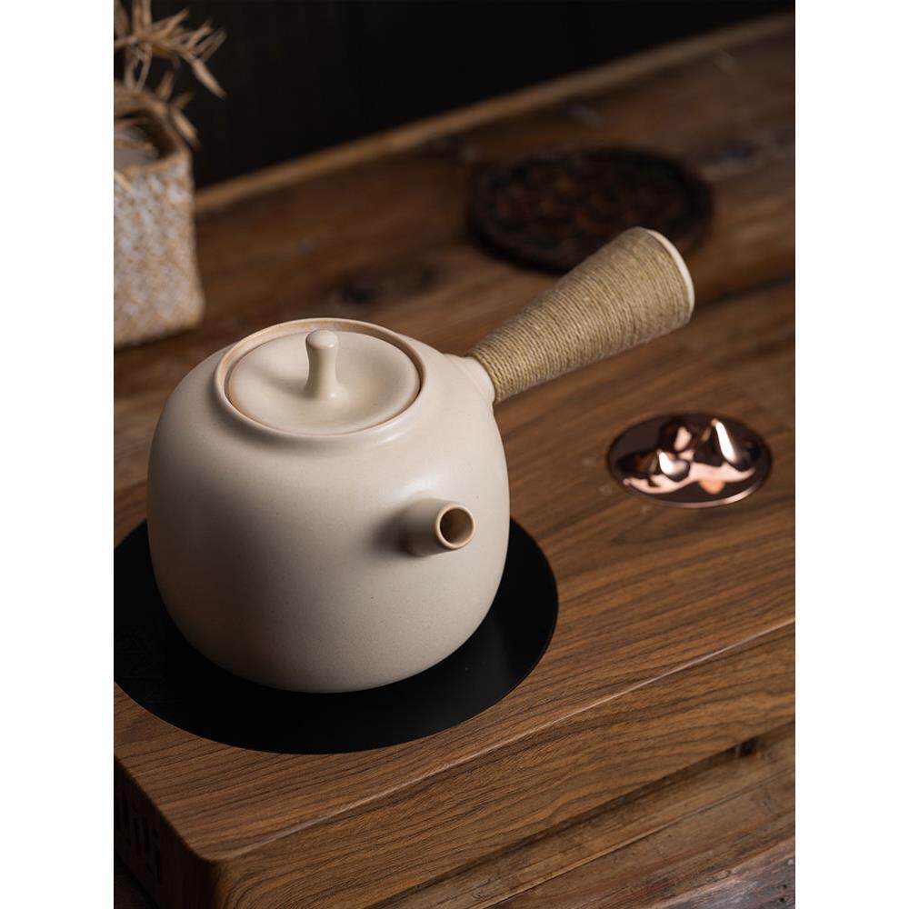 木鱼 苏打釉白泥粗陶侧把壶 小号陶瓷烧水壶电陶炉急须煮茶壶炭炉