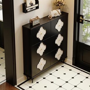 法式覆古超薄翻斗鞋柜实木家用室内极窄款入户门口轻奢高级感黑色