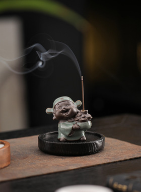 稀缺质感财神爷线香插家用室内香座香薰炉创意陶瓷檀香托盘桌面