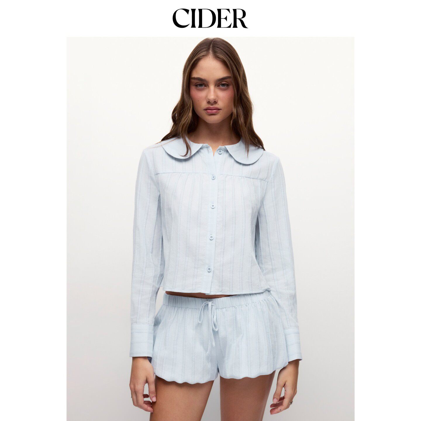 CIDER棉长袖娃娃领上衣中腰泡泡短裤家居服套装115627059图片