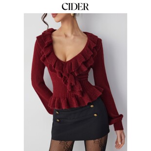 CIDER2026夏季新品针织V领荷叶边下摆长袖毛衣115483878