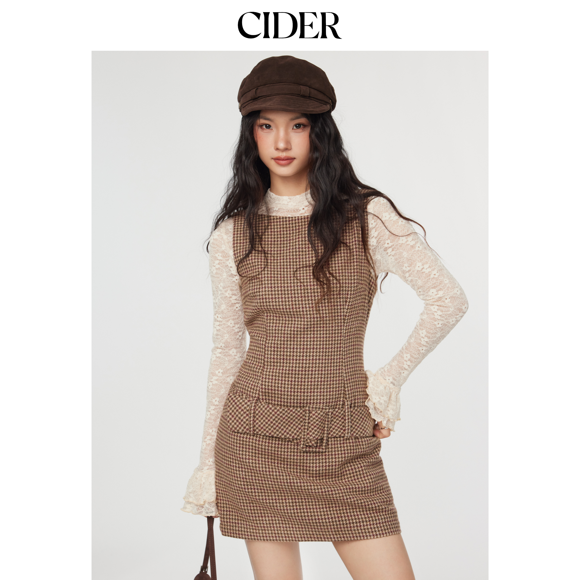CIDER船领格纹无袖棕色短款千鸟格美式复古连衣裙1147924