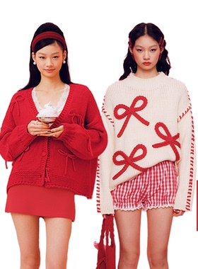 【穿衣自由 多尺码专场】CIDER红色V领蝴蝶结开衫/白色蝴蝶结毛衣