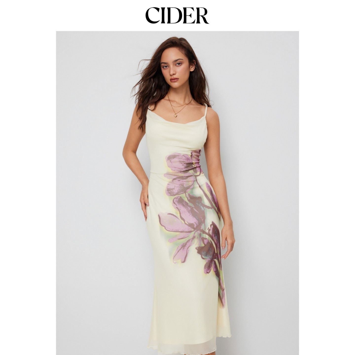 CIDER2026早秋季新品碎花荡领鱼尾长连衣裙115400574图片
