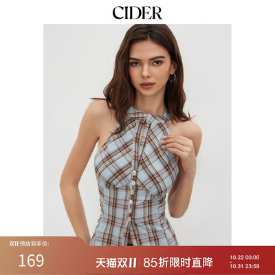 【直井怜同款】CIDER正品立领格纹开叉无袖吊带上衣114619813