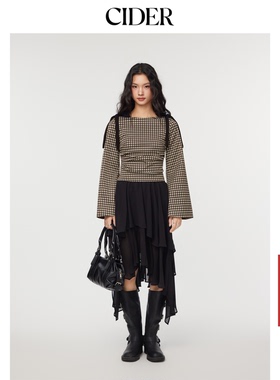 CIDER船领格纹蝴蝶结褶皱设计喇叭长袖衬衫女113922543
