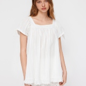 衬衫 CIDER再生棉法式 荷叶边系带短袖 女装 上衣 方领新款