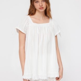 CIDER再生棉法式方领新款女装荷叶边系带短袖衬衫上衣