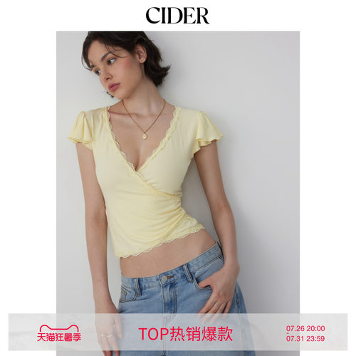CIDER2026夏季新品V领荷叶袖蕾丝系带抽褶上衣115541045
