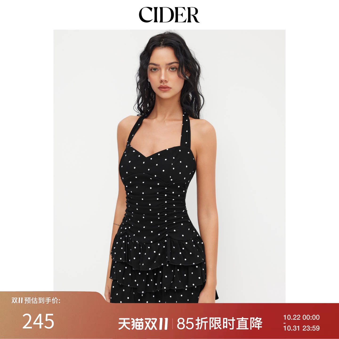 CIDER美式棉质挂脖波点裙褶皱层叠迷你吊带连衣裙1146688