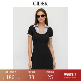 CIDER秋季新品棉混纺条纹撞色短袖紧身迷你连衣裙115520063
