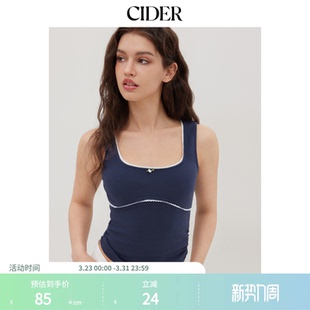 棉撞色镶边U领抽褶背心114344623 CIDER正品 明星同款