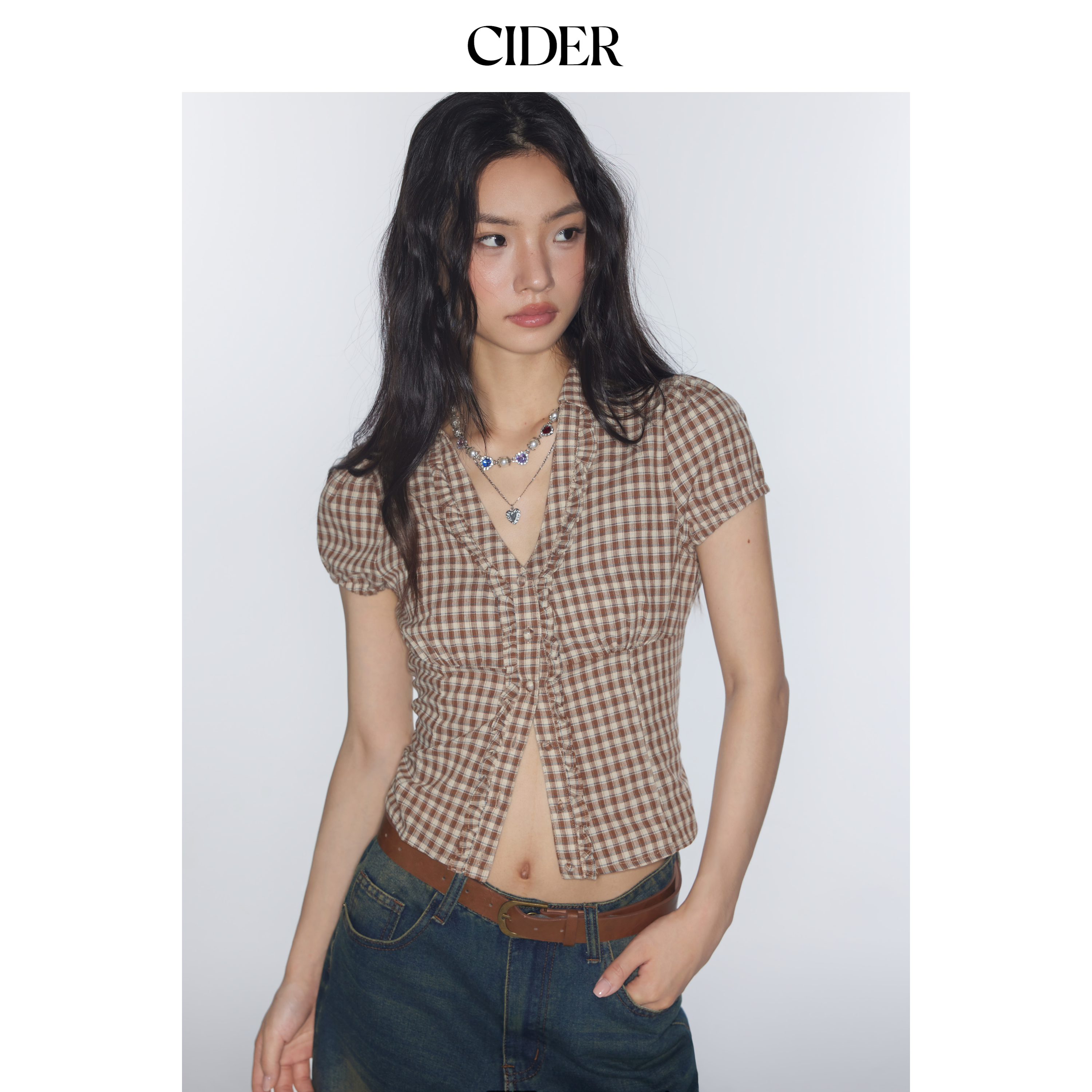 【明星同款】CIDER miu系V领格子纹收腰拼接学院风短袖衬衫