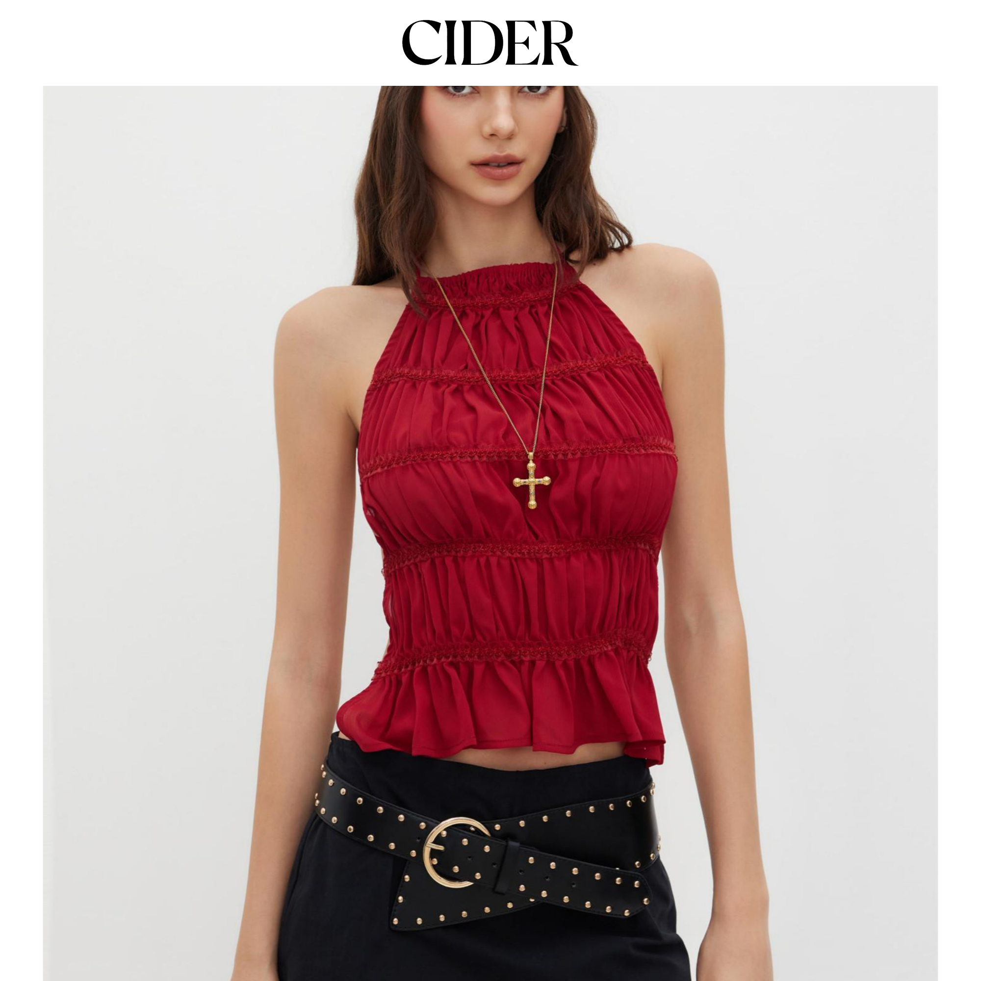 CIDER明星同款 雪纺挂脖褶皱背心抽褶露背上衣11463171