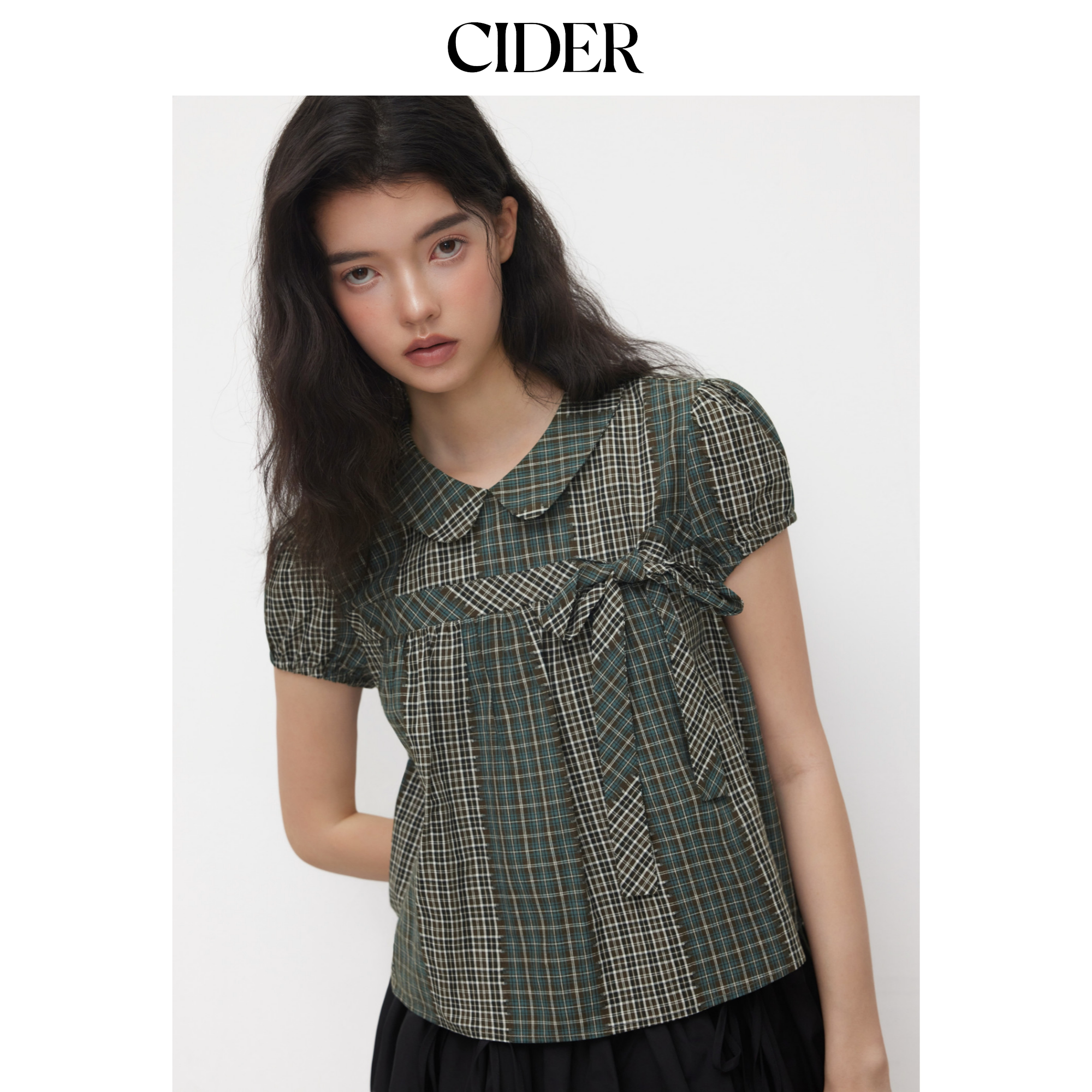 CIDER娃娃领棉彼得潘翻领格纹蝴蝶结宽松上衣114670512图片