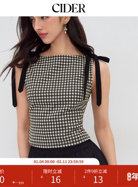 【明星同款】CIDER 正品船领格子蝴蝶结背心上衣114193321
