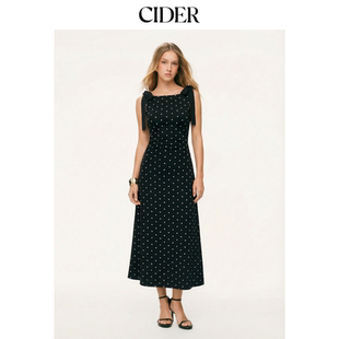 CIDER圆点蝴蝶结棉混纺船领中长连衣裙115091976