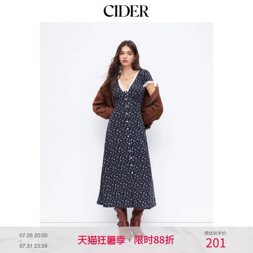 CIDER碎花V领短袖蕾丝镶边纽扣长连衣裙115004694