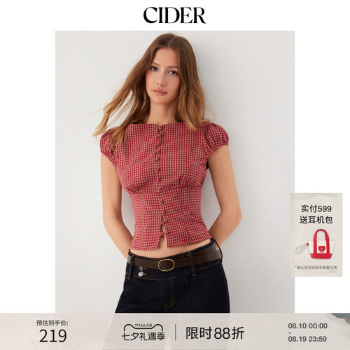 【明星同款】CIDER2026春新品红色格纹方领泡泡袖短上衣115167838