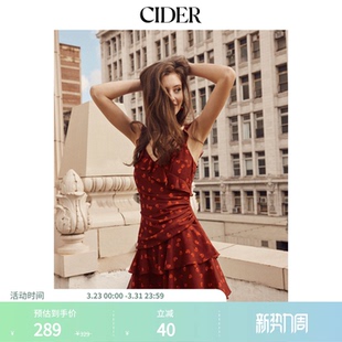 CIDER酒红樱桃印花无袖 百褶派对连衣裙115137403