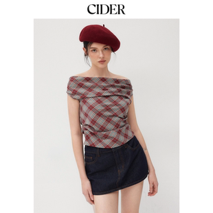 美式 一字肩格纹短袖 CIDER正品 复古格子上衣113981213 明星同款