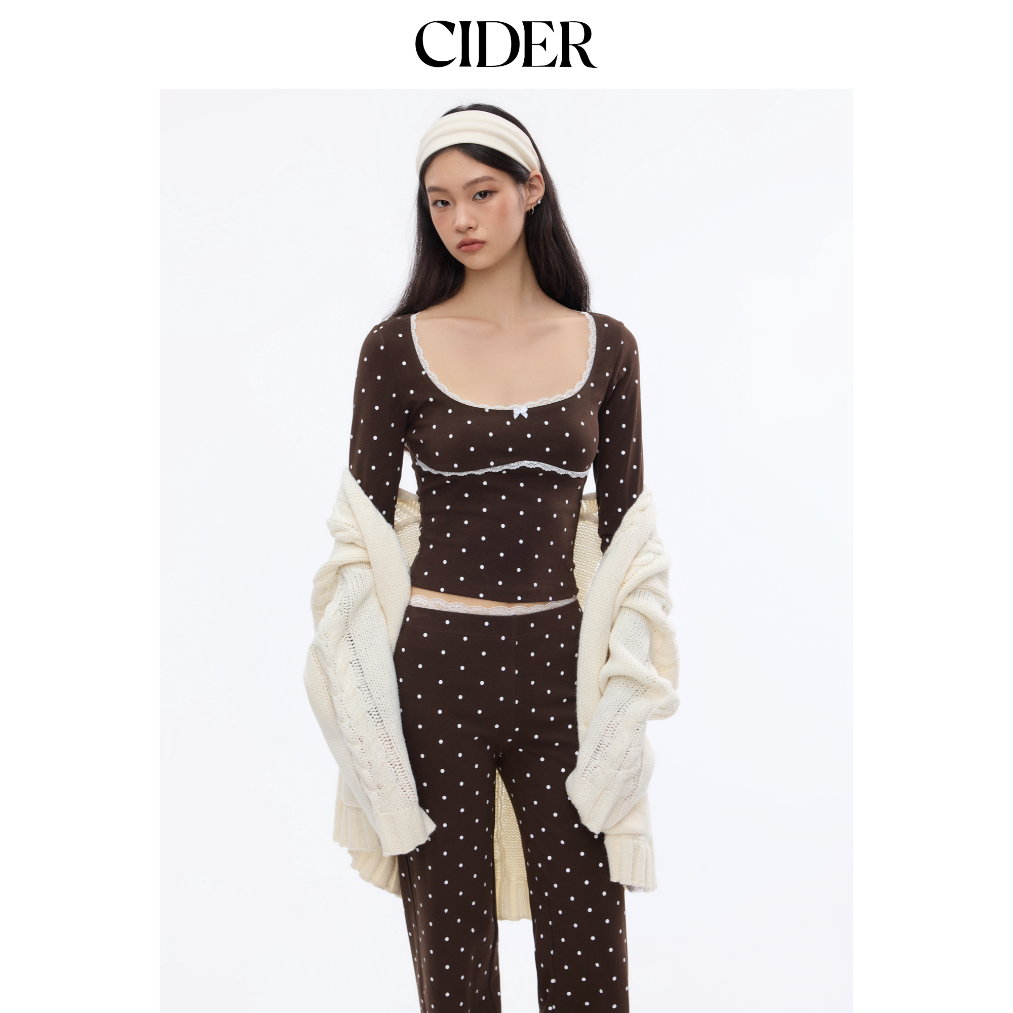 CIDER波点蕾丝蝴蝶结上衣荷叶边裤家居服套装114756255图片