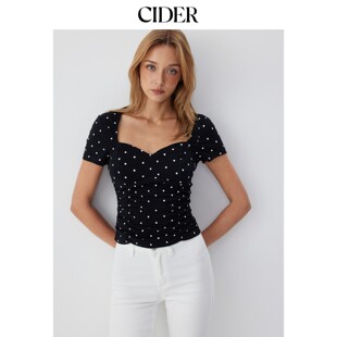 CIDER2026夏季新品棉混纺波点V领褶皱短袖上衣115496058