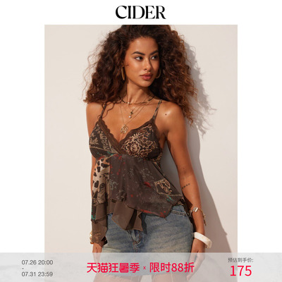 CIDER网眼阿兹特克V领蕾丝边荷叶摆短款吊带上衣115531191