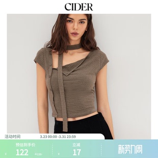 CIDER漂亮小上衣领设计纹理短袖 上衣围巾飘带114411201
