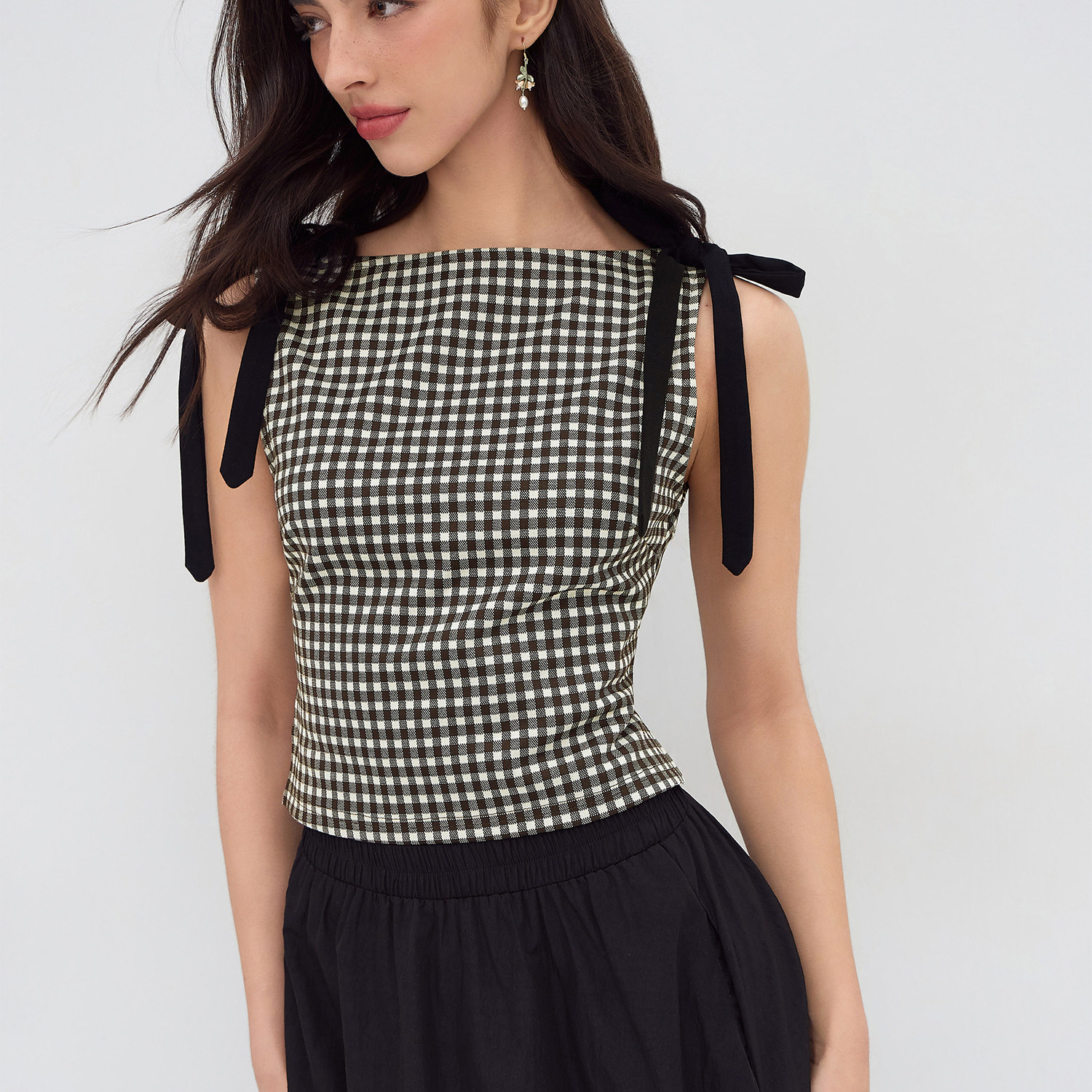 CIDER明星同款正品miu系船领格子蝴蝶结背心式无袖上衣114193321