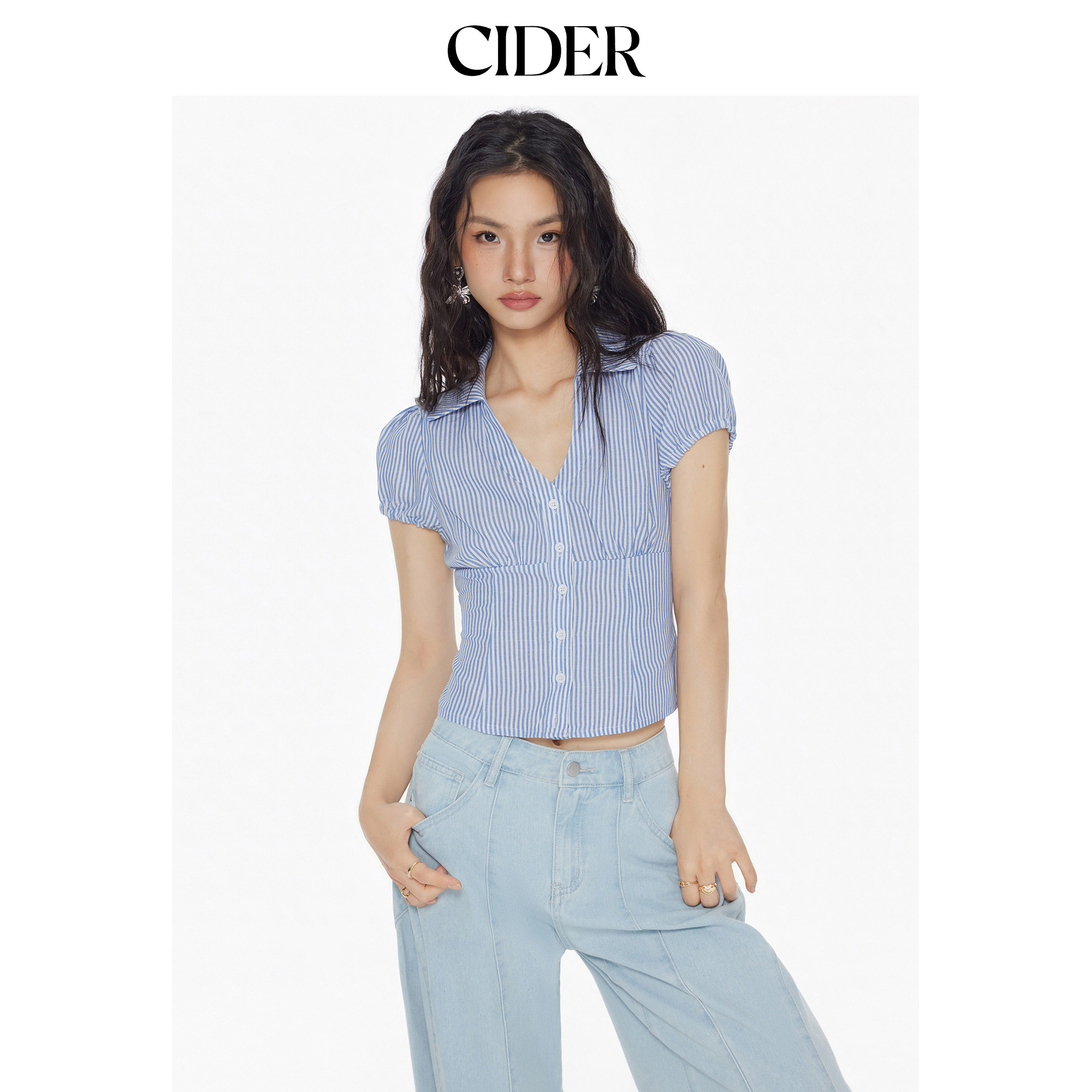 CIDER显瘦V领条纹后扣掐腰小蛮腰衬衫上衣小衫114520168图片