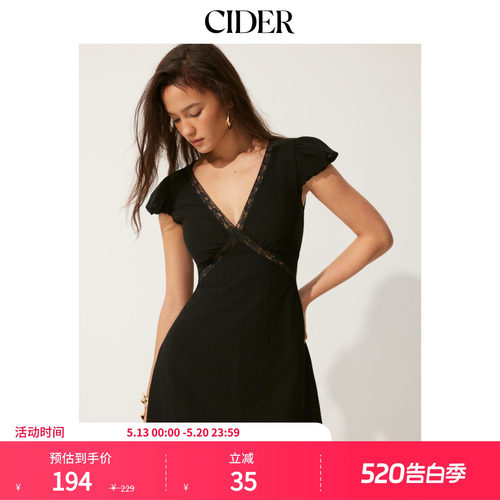 CIDER2026春季新品雪纺V领泡泡袖蕾丝拼接A字迷你连衣裙115393299