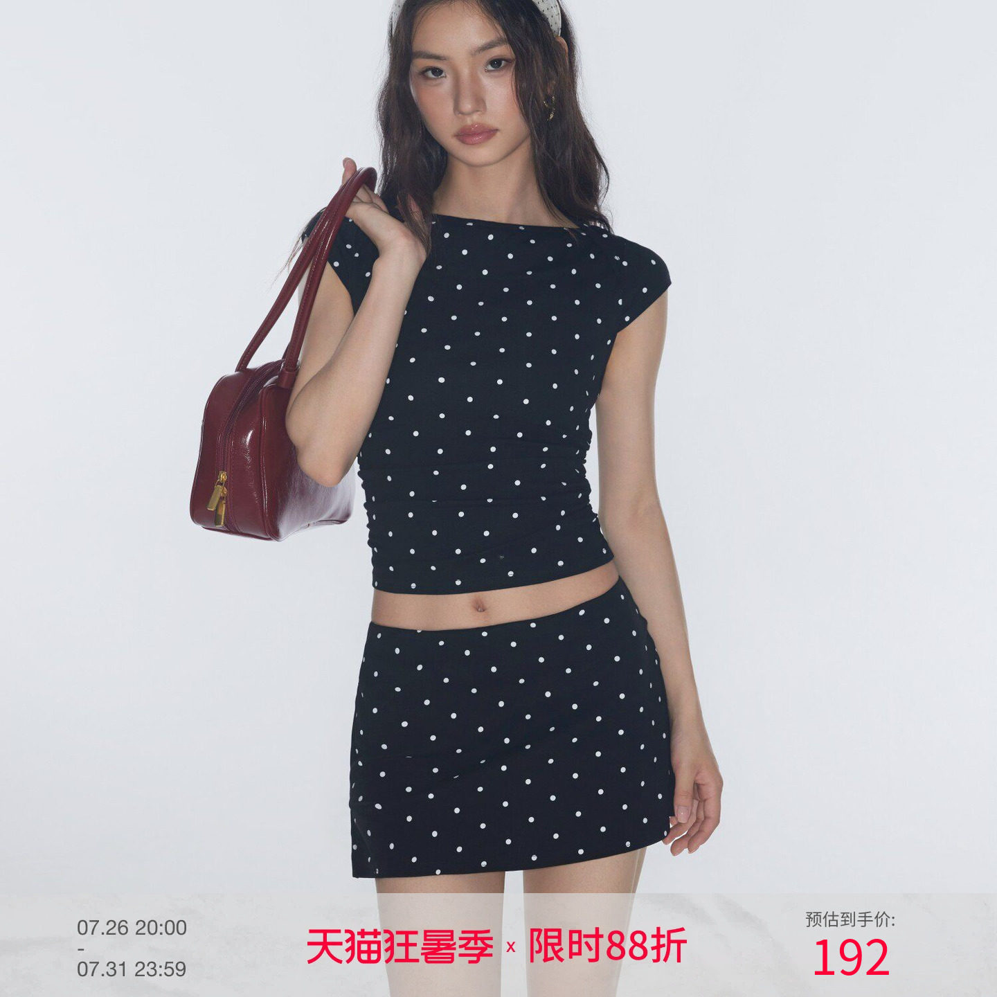 CIDER棉船领波点褶皱圆领短袖T恤搭配短裙套装迷你裙114527656