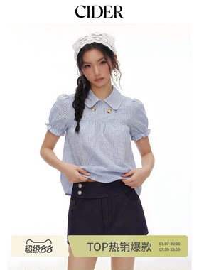 春季美式格纹泡泡袖宽松上衣