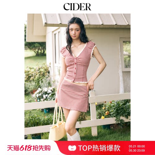 CIDER2026新品提花红色格纹插肩袖褶皱甜美短袖衬衫上衣115245878