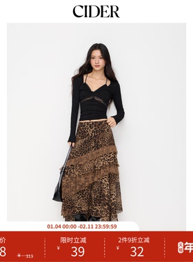 CIDER都市游牧风美式长裙女装豹纹高腰不规则长款半身裙114965686