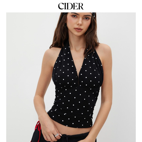 【明星同款】CIDER棉挂脖背心荡领波点褶皱性感外穿上衣114631621