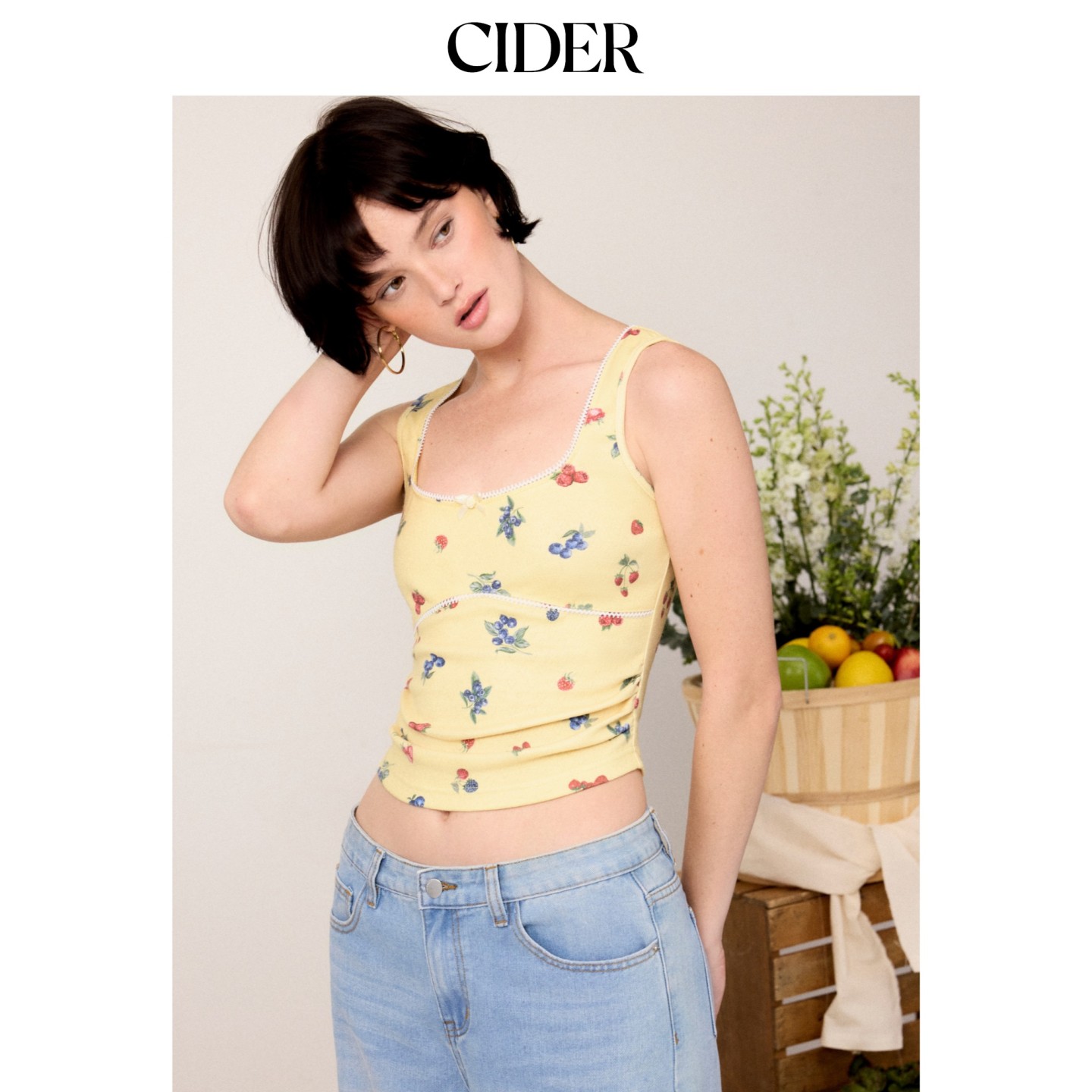 【明星同款】CIDER穿搭水果印花方领褶皱上衣115321983