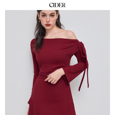 CIDER新年穿搭女装不对称领褶皱系带迷你红色连衣裙113993237