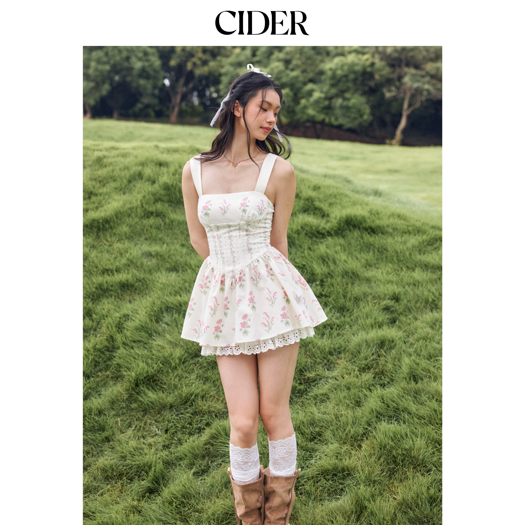 CIDER亚麻碎花镶边系带短款吊带连衣裙女装114606569图片