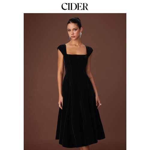 CIDER2026秋季新品丝绒方领系带露背A字中长连衣裙115735505