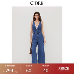 CIDER春秋女装牛仔V领纽扣口袋阔腿连体裤114498326