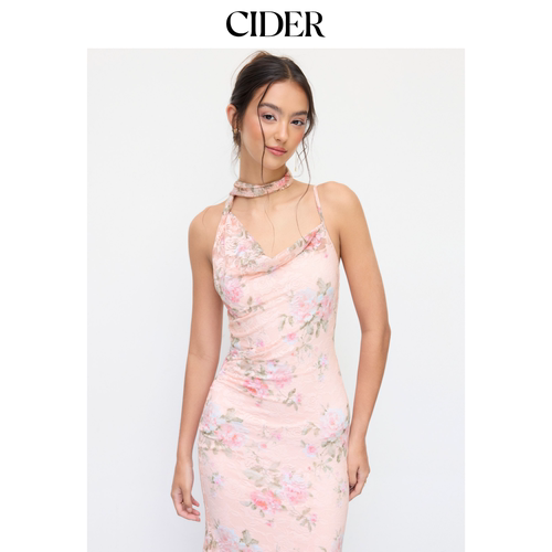 CIDER蕾丝碎花荡领美人鱼长连衣裙配围巾114746030